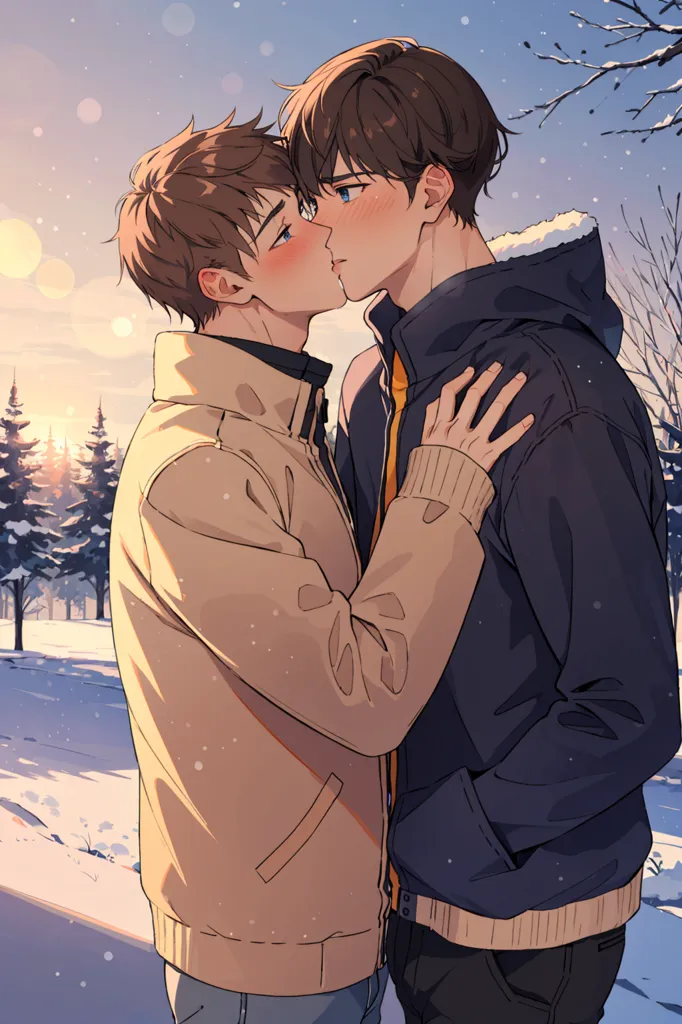 This is an image of two men kissing in the snow. The men are both young and handsome, with short brown hair and light blue eyes. They are wearing winter coats and scarves, and they are standing in a snowy forest. The sun is setting in the background, and the sky is a deep orange. The image is very romantic and beautiful, and it captures the beauty of winter and the joy of young love.