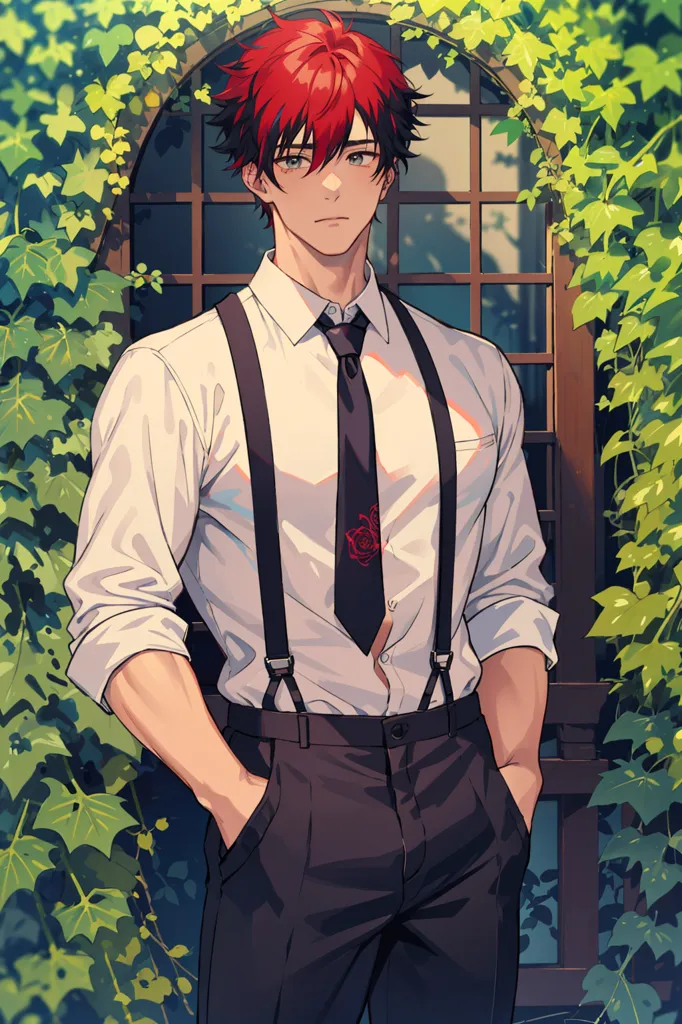 This is an image of a man with red hair and eyes. He is wearing a white dress shirt with suspenders and a dark tie with a rose on it. He is standing in front of a door with his hands in his pockets. The door is surrounded by vines with green leaves.