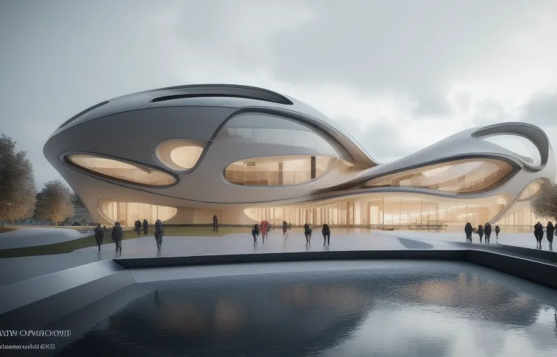 The image shows a futuristic building with a large, oval-shaped structure in the center. The building is made of glass and metal, with a smooth, curved surface. There are several people walking around the building, and there is a large reflecting pool in front of it. The sky is cloudy, and the overall atmosphere of the image is one of peace and tranquility.