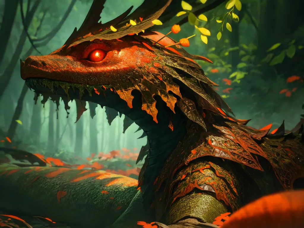 The image is a digital painting of a green and red dragon. The dragon is covered in scales, and its body is long and serpentine. It has a pair of antlers on its head, and its eyes are red. The dragon is standing in a forest, and there are red and orange leaves on the ground. The background is a blur of green trees. The dragon is in the foreground, and it is looking at the viewer.