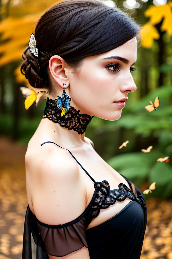 The picture shows a young woman with long dark hair. She is wearing a black dress with a sweetheart neckline and a black lace choker. There are butterflies in her hair, on her neck, and around her. The background is blurry, but it looks like there are trees in the background. The woman is looking to the right of the frame. She has a serious expression on her face.