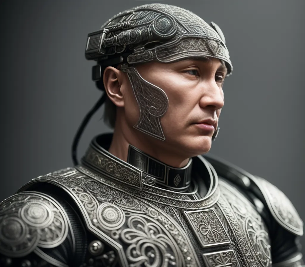 Gambar ini menunjukkan seorang pria yang mengenakan helm dan armor futuristik. Helm tersebut berwarna perak metalik dan menutupi bagian atas kepalanya, dengan visor bening di depan matanya. Armor tersebut juga berwarna perak dan menutupi dada, bahu, dan punggungnya. Wajah pria tersebut sebagian tertutup oleh helm, tetapi ekspresinya tampak penuh determinasi. Latar belakang berwarna gelap dan netral, sehingga pria tersebut terlihat menonjol.