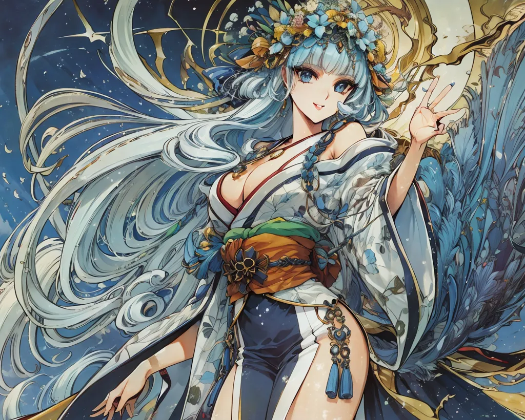 La imagen es una pintura de una hermosa mujer con cabello blanco largo y ondulado. Ella está usando un kimono japonés tradicional con un patrón floral. La mujer está de pie frente a una luna llena y está rodeada de un mar de flores. Tiene una sonrisa suave en su rostro y sostiene una flor en su mano derecha. La pintura está hecha en un estilo realista y los colores son vibrantes y realistas.