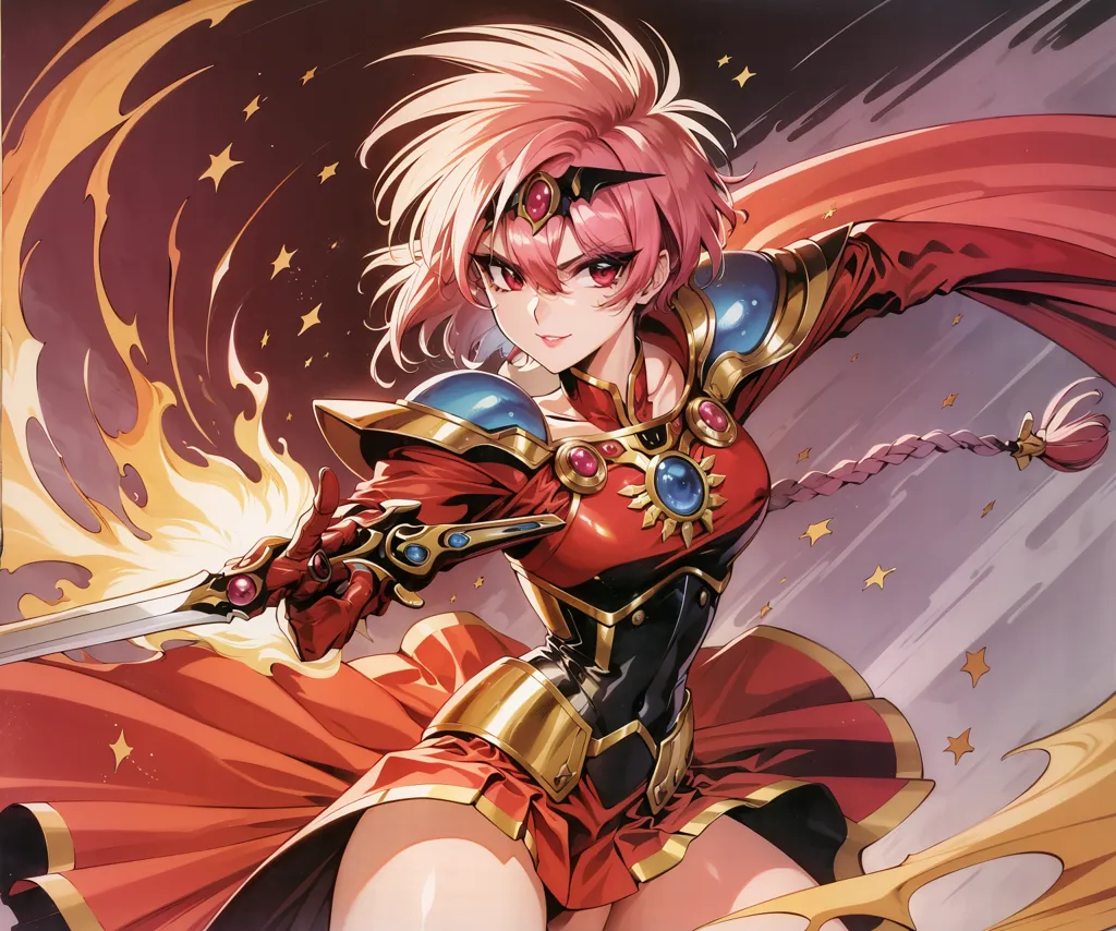 The image is of a female warrior. She has pink hair and red eyes. She is wearing a red and gold armor. She is holding a sword in her right hand. She is standing in a fiery background. There are stars in the background.