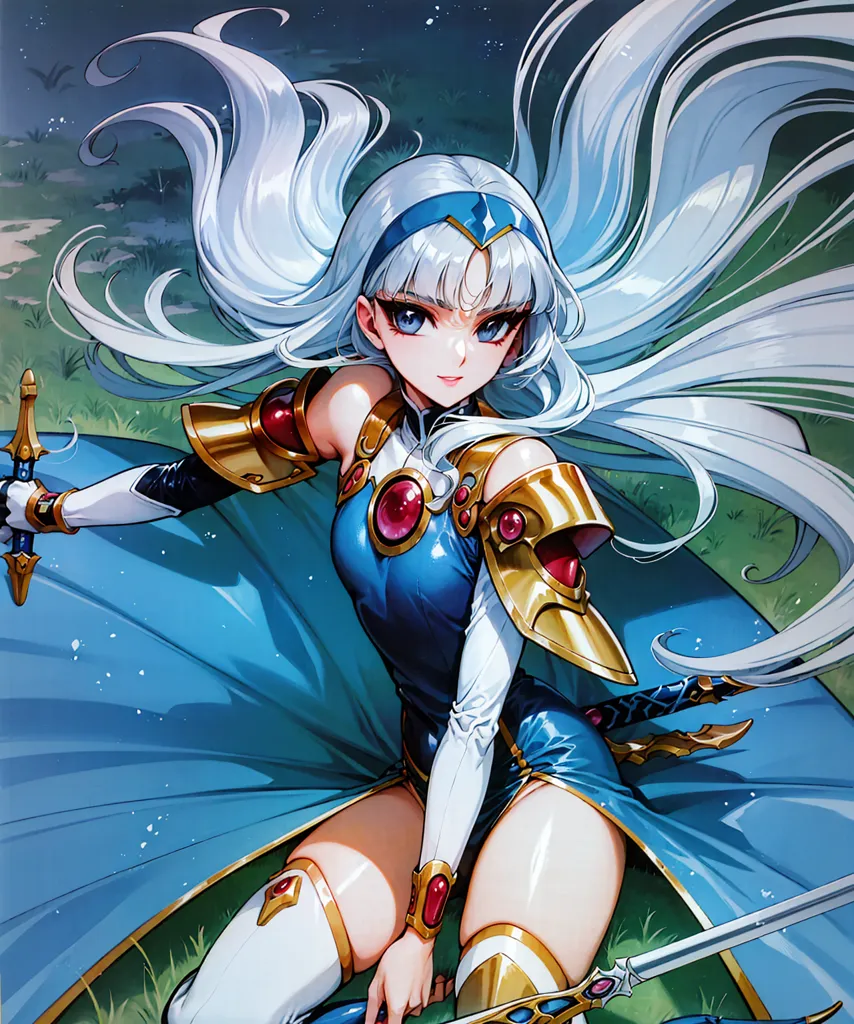 The image is of a beautiful young woman with long white hair and blue eyes. She is wearing a blue and white dress with a white cape. She is also wearing a pair of boots and a belt. She is holding a sword in her right hand. She is standing in a field of grass and there are trees in the background.