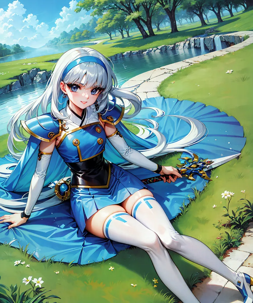 The image is of a young woman with long white hair and blue eyes. She is wearing a blue and white dress with a white cape. She is sitting on the ground in a field of grass and flowers. There is a river and a waterfall in the background. The woman is holding a sword in her lap. She has a serene expression on her face.