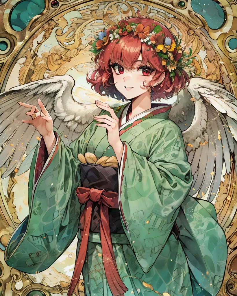 La imagen es una pintura de una mujer joven con cabello rojo y ojos verdes. Ella está usando un kimono japonés tradicional con un obi rojo. Tiene un par de alas blancas y un halo de flores alrededor de su cabeza. El fondo es un marco dorado con detalles y acentos verdes.