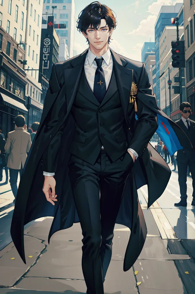 The image shows a young man walking down a city street. He is wearing a black suit and tie, and has a long black coat flowing behind him. He has one hand in his pocket and the other holding the coat. He has a confident expression on his face. There are people walking on the street behind him.