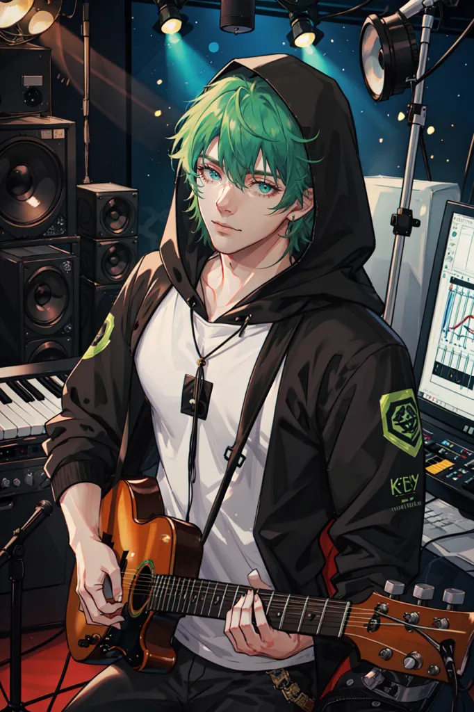 The image shows a young man with green hair and green eyes. He is wearing a black hoodie with a white shirt underneath. He is also wearing a necklace with a pendant in the shape of a music note. He is sitting in a recording studio, surrounded by speakers and a computer. He is playing an acoustic guitar and there is a keyboard on the table in front of him. He has a soft smile on his face.