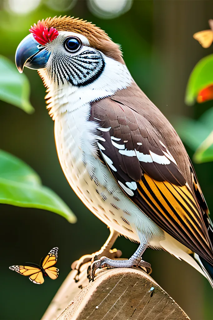 The image contains a parrot sitting on a branch. The parrot has a red, yellow, and blue head with a black eye. Its body is yellow and black with white spots. The wings are green and blue. The tail is long and green. There is a yellow butterfly in the background.