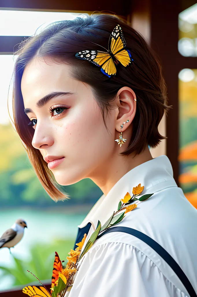 The image shows a young woman with short brown hair and light makeup. She is wearing a white shirt and has a yellow butterfly clipped to the right side of her head. She is also wearing a pair of earrings with a flower design. There is a small bird perched on her right shoulder, and there are some flowers and leaves on her left shoulder. The background is blurred, but it looks like there is a window behind her. The overall tone of the image is soft and natural.