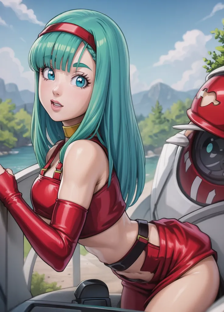 The image is of a young woman with green hair and blue eyes. She is wearing a red and yellow outfit. She is sitting on a railing with a robot standing behind her. There are mountains and a lake in the background.