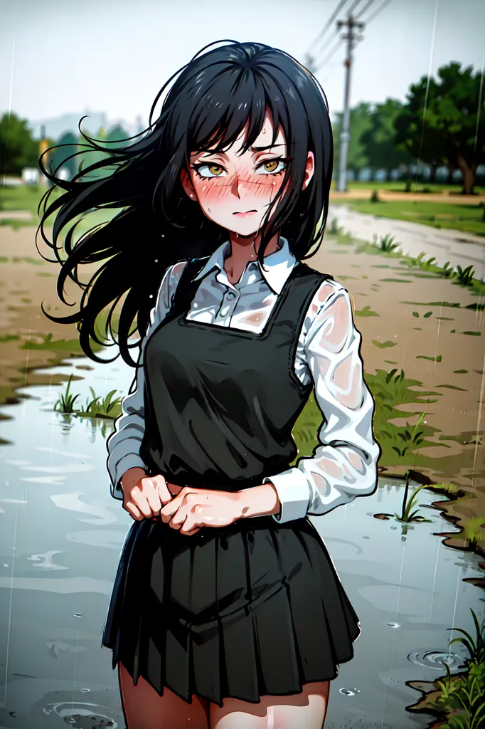 The image is of a young woman standing in the rain. She is wearing a white blouse, a black pinafore, and a black skirt. Her hair is long and black, and her eyes are a light brown color. She is standing in a puddle of water, and her clothes are wet. She has a blush on her face and looks like she is embarrassed.