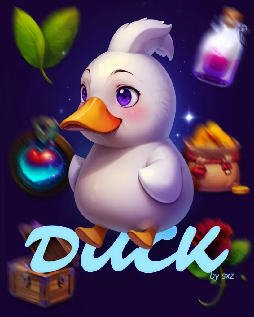 This is an image of a white duck with purple eyes and a yellow beak. It is wearing a yellow and red hat with a feather sticking out of it. The duck is holding a green leaf in its beak and is standing on a wooden plank. There are several items floating around the duck including potions, coins, and a rose. The word "DUCK" is written in blue letters at the bottom of the image.