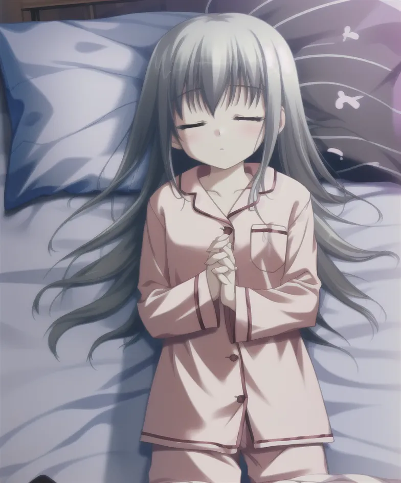 The image shows a young girl sleeping in a bed. She has long silver hair and is wearing a pink and white striped nightgown. The girl's eyes are closed and she has a peaceful expression on her face. She is lying on her side with her hands folded in front of her. The bed is covered in a white blanket and there is a purple pillow at the head of the bed. The girl's room is dimly lit and the curtains on the window are closed.