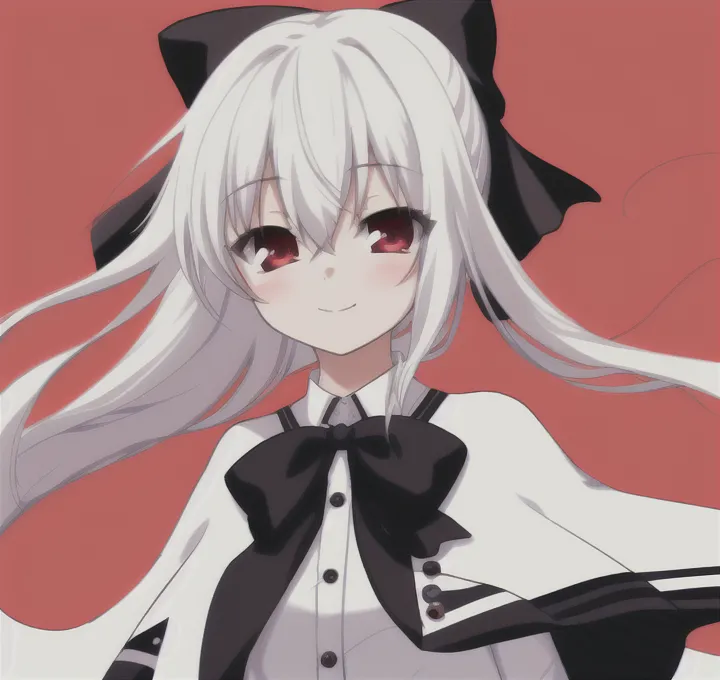 The picture shows a young girl with long white hair and red eyes. She is wearing a white shirt with a black bow tie and a black cape with white trim. The girl has a gentle smile on her face.