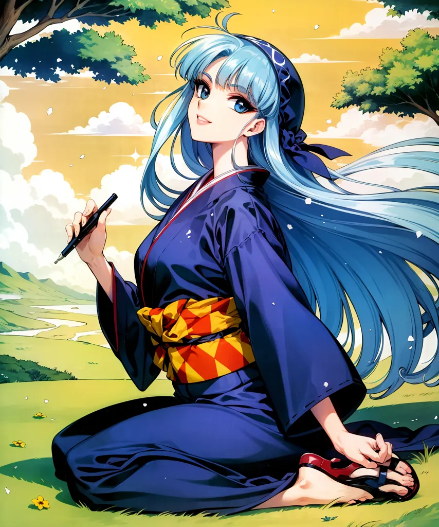 La imagen es de una mujer joven con el cabello azul largo y ojos azules. Está usando un kimono japonés tradicional con un obi de seda amarillo y rojo. Está sentada en el césped de un campo, con un árbol grande detrás de ella. Está sosteniendo un bolígrafo y sonriendo.