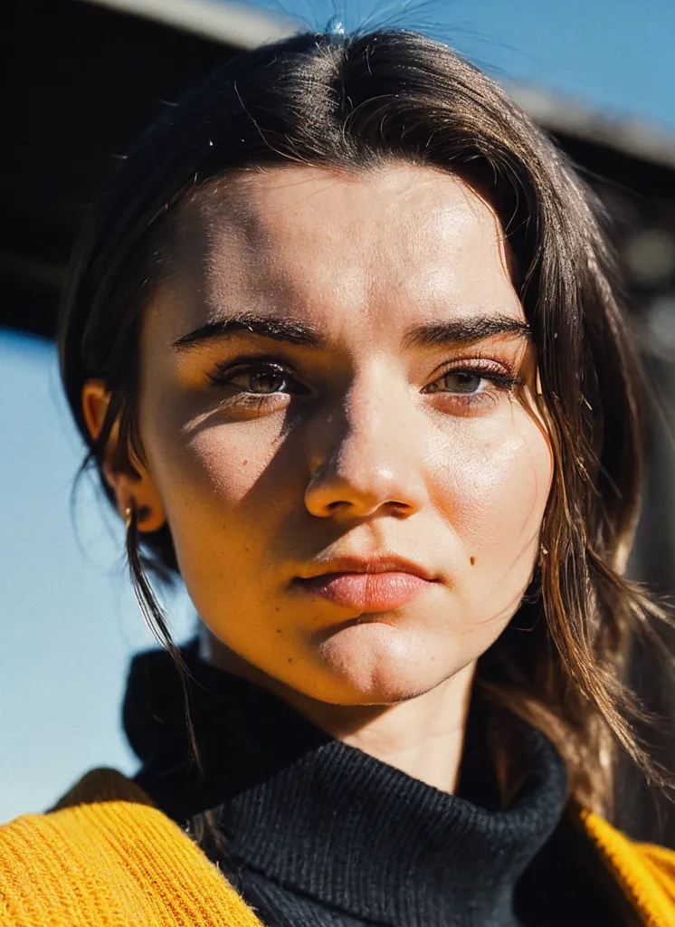 The image is a portrait of a young woman. She has light brown hair with her right eyebrow raised. She is wearing a black turtleneck blouse with a mustard yellow cardigan sweater. The background is blurred.