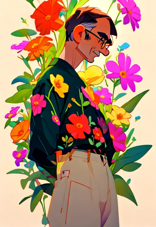 Esta é uma imagem de desenho animado de um homem em pé diante de um campo de flores. O homem está usando uma camisa de manga curta com um padrão floral, calças cáqui e óculos. Ele está olhando para as flores com uma expressão pensativa no rosto. As flores são coloridas e variadas, e parecem estar crescendo de forma selvagem. O fundo é de uma cor amarelo claro, o que ajuda a destacar as flores. O tom geral da imagem é pacífico e sereno.