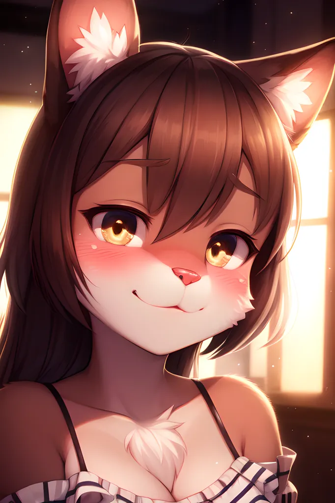 The image is a digital painting of a catgirl. She has brown hair and yellow eyes, and is wearing a white and blue striped top. She has a friendly expression on her face and is looking at the viewer. The background is a blur of light and dark colors.