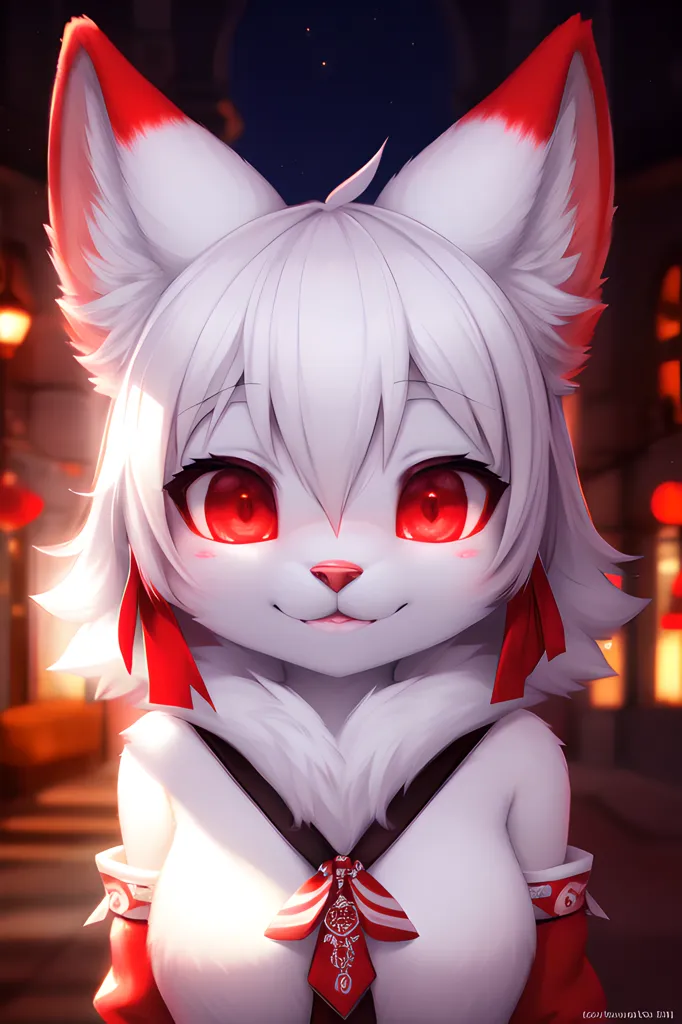 The image is a digital painting of a white furry creature with red eyes. The creature has long, pointed ears and a fluffy tail. It is wearing a red and white kimono and has a red ribbon tied around its neck. The creature is standing in a dark room, with red lanterns hanging in the background. The creature is looking at the viewer with a curious expression.