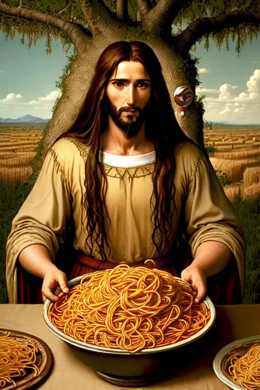 The image shows Jesus Christ sitting in a field, with a large bowl of spaghetti in front of him. He is dressed in a simple brown robe, and has long brown hair and a beard. He has a halo around his head, and is looking down at the spaghetti with a serene expression. The background of the image is a wheat field, with a large tree on the left side.