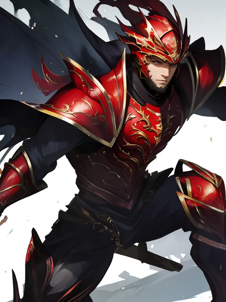 This is an image of a man wearing a suit of red and gold armor. He is also wearing a black cape. The man's hair is red and he has a beard. He is kneeling on one knee and his sword is drawn. The background is white and there are some red and black shapes in the background.