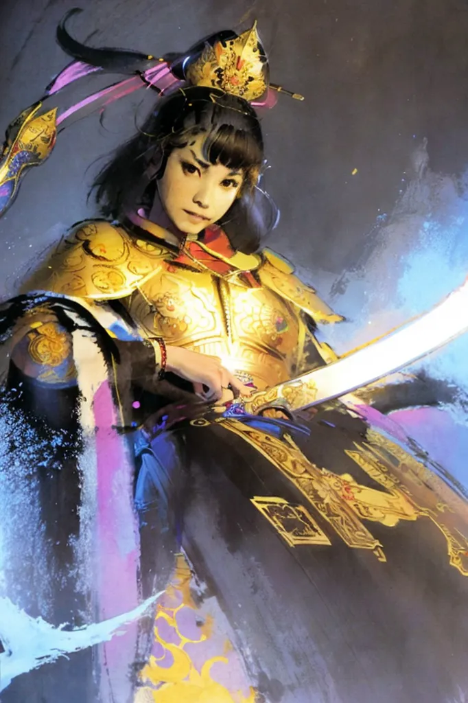 This is an image of a woman dressed in ancient Chinese armor. She is holding a sword in her right hand. The woman has long black hair and is wearing a golden crown. She is wearing a purple cape and has a stern expression on her face. The background is a dark blue color with some light blue and purple highlights.