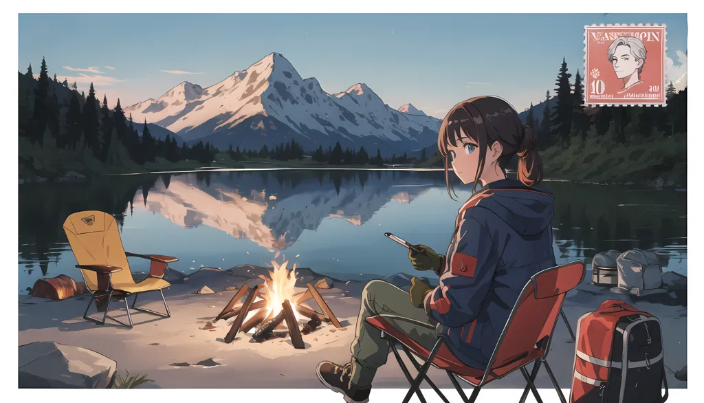 The image is a beautiful landscape of a mountain lake. The sky is clear, and the sun is shining. The mountains are covered in snow. The lake is calm and still. There is a campfire burning on the shore of the lake, and a girl is sitting in a chair next to the fire. The girl is wearing a blue jacket and brown pants. She has her hair in a ponytail and is looking at the fire. There is a backpack and a cooler on the ground next to her. There is an empty chair across from her. The image is peaceful and serene.