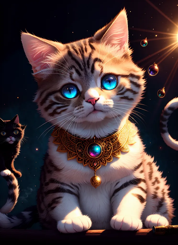 Esta é uma imagem de um gato fofo com olhos azuis grandes. O gato tem um colar dourado com uma gema azul nele. O gato está sentado em uma mesa de madeira. Há outro gato ao fundo. O fundo é azul escuro com algumas estrelas.