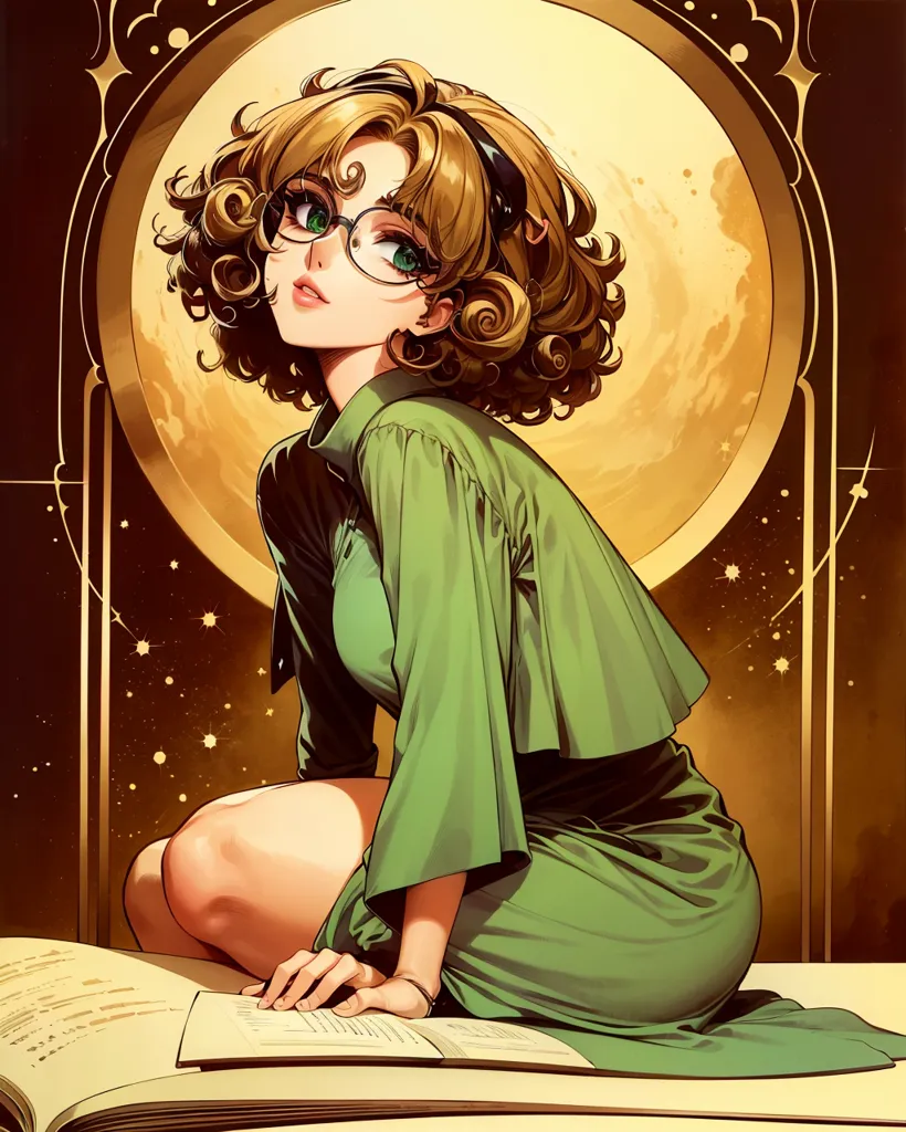 The image is of a beautiful young woman with long, curly brown hair and green eyes. She is wearing a green dress with a white collar and a pair of glasses. She is sitting on a book with her right leg crossed over her left and is looking at the viewer with a slight smile on her face. She is sitting in front of a large moon with stars in the background.