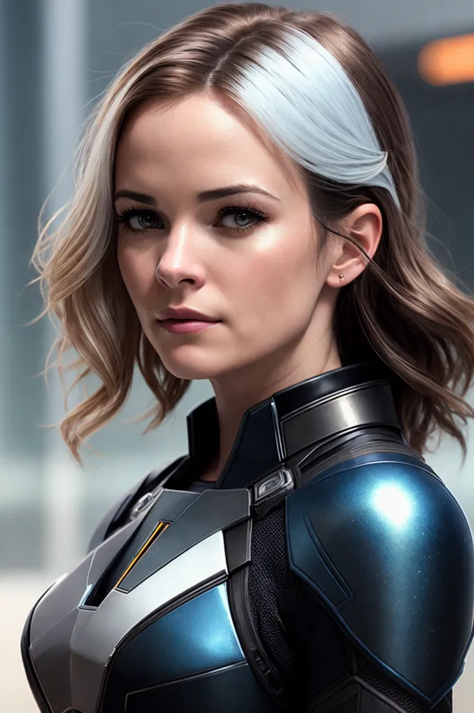 The image shows a young woman with long, wavy hair that is brown on one side and white on the other. She is wearing a blue and gray armored suit with a high collar. The suit has a silver circle in the center of the chest. She is looking at the viewer with a serious expression.