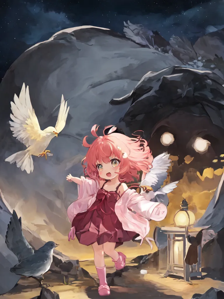 The image is of a pink-haired girl in a red and pink dress standing in front of a dark cave. The girl has her arms outstretched and is looking up at a white dove that is flying towards her. There is another dove on the ground near the girl's feet. The cave is dark and mysterious, and the girl is surrounded by rocks and rubble. A lantern is sitting on the ground near the cave entrance. The girl is wearing a white sock on her left foot and a pink sock on her right foot.