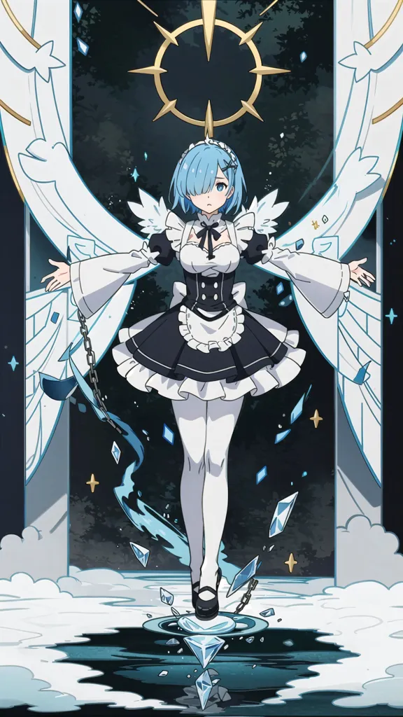 The image shows a girl with long blue hair and blue eyes. She is wearing a black and white maid outfit with a blue bowtie. She also has a pair of white wings. She is standing in front of a large door that has a sun symbol above it. The girl is surrounded by blue crystals.