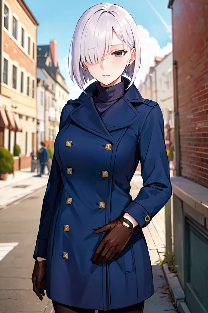 The image is of a young woman with white hair and purple eyes. She is wearing a blue coat with gold buttons and a black turtleneck sweater. She is also wearing brown gloves and there is a watch on her left hand. She is standing in a European-style street with buildings on either side. The sky is blue and there are clouds in the distance.