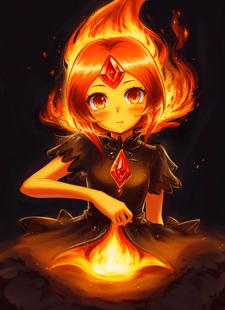 The image is of a girl with orange hair that is shaped like flames. She is wearing a black dress with a red jewel in the center. She is also wearing a red jewel on her head. The background is black and there are flames surrounding her. She is holding a small flame in her hands.