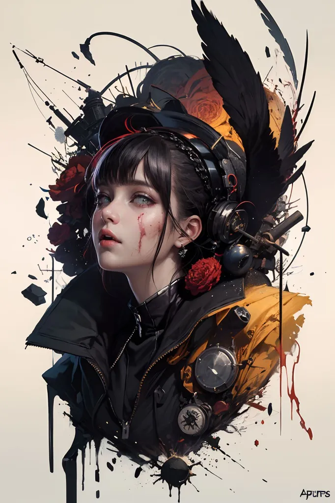 The image is a portrait of a young woman with short black hair and red eyes. She is wearing a black and yellow jacket with a red rose pinned to the lapel and a pair of headphones over her ears. There is a black feather or wing-like structure extending from the right side of her head. The background is white with black and red paint splatters.