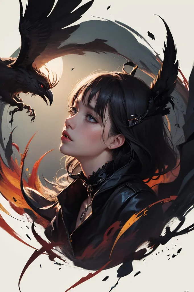 The image is a portrait of a young woman with long black hair and blue eyes. She is wearing a black leather jacket and a black choker. A raven is perched on her shoulder. The woman is standing in front of a dark background with a large moon in the top left corner. The moon is surrounded by a red and orange glow. The woman's expression is one of calm serenity.