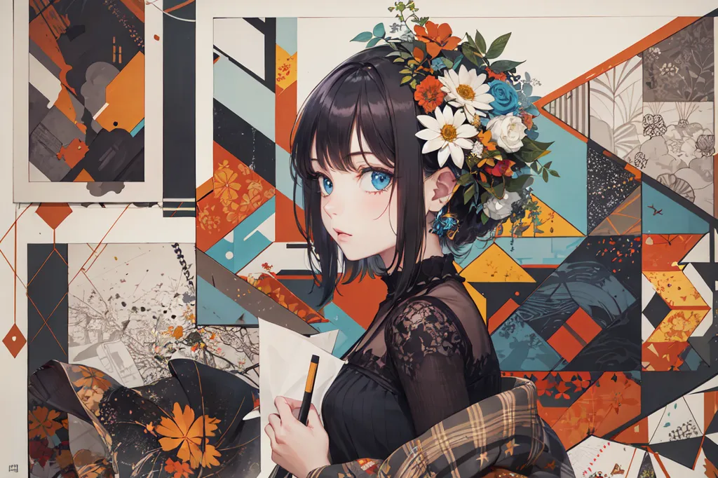 The image is a portrait of a young woman with long black hair and blue eyes. She is wearing a black dress with a white collar and a brown jacket. She has a flower in her hair and is holding a pen in her right hand. The background is a colorful pattern of geometric shapes.