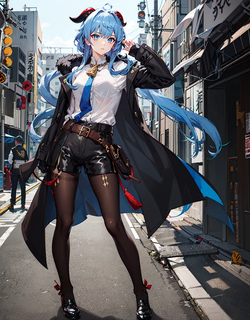 The image shows a young woman with long blue hair and blue eyes. She is wearing a white shirt, a blue tie, and black shorts. She also has a black coat with red and gold details. She is wearing black stockings and black shoes. She is standing in an alleyway with buildings on either side. There is a street sign in the background.