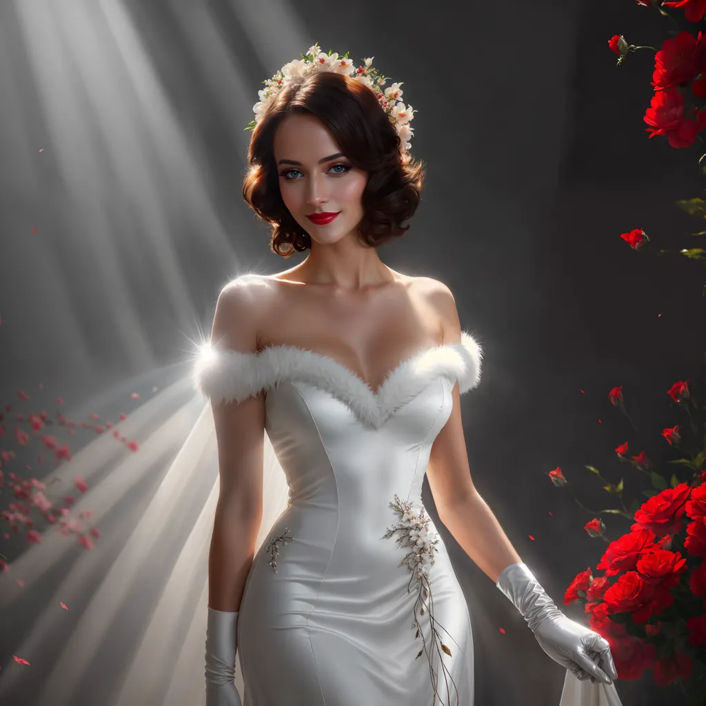 The image shows a woman wearing a white wedding dress with a sweetheart neckline and off-the-shoulder fur sleeves. The dress is fitted to the body and has a long train. The woman's hair is styled in a vintage wave and she is wearing a wreath of white flowers. She is also wearing white gloves and a long veil. The background of the image is a dark color with a spotlight shining down on the woman. There are red roses on the right side of the image.