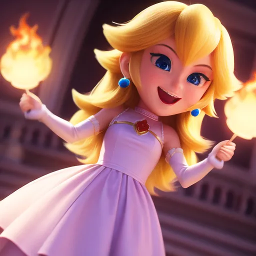 La imagen muestra a la Princesa Peach de la franquicia de Super Mario Bros. Ella está usando un vestido blanco y rosa y tiene el cabello rubio suelto. Está sonriendo y sosteniendo dos bolas de fuego en sus manos. El fondo está borroso y parece ser un castillo.