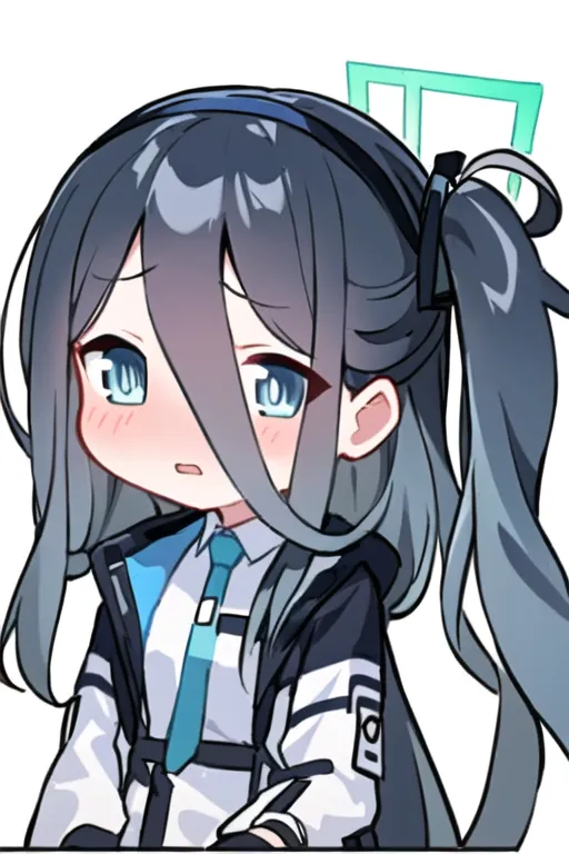 The image is of a young girl with blue hair and blue eyes. She is wearing a white shirt, a blue tie, and a black jacket. She has a surprised expression on her face and is blushing. She has twintails and there is a green symbol on the right side of her head.