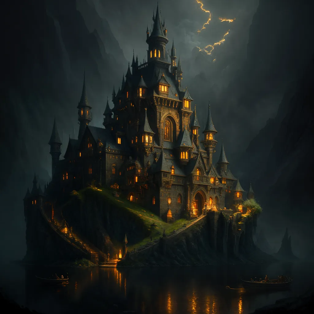 The image is a digital painting of a castle on a cliff. The castle is made of gray stone and has many towers and turrets. The windows are lit up, which suggests that there is someone inside. The castle is surrounded by a dark forest and there is a lake in front of it. A storm is brewing in the background.