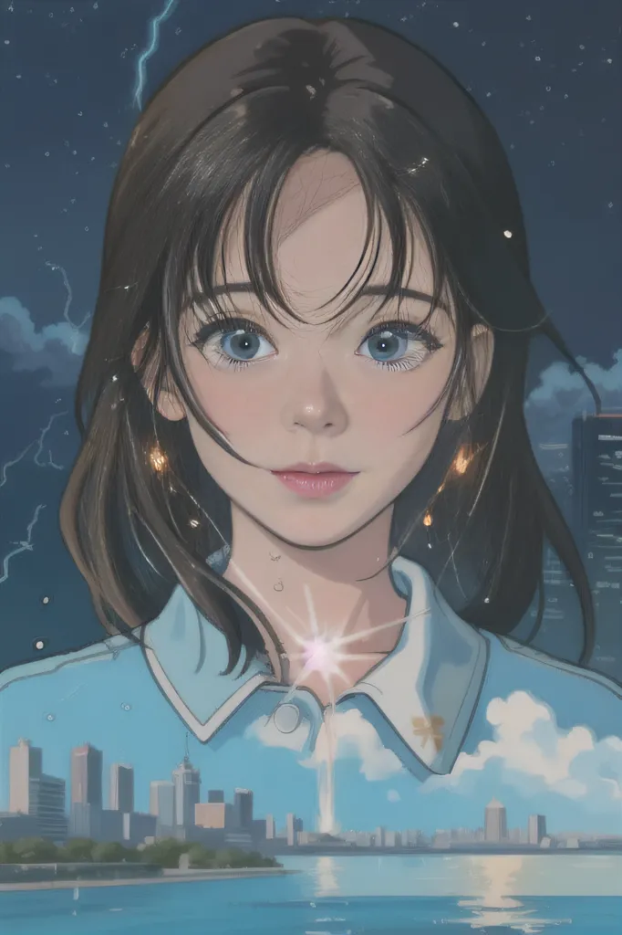 The image is a portrait of a young woman with long brown hair and blue eyes. She is wearing a light blue shirt and has a gentle smile on her face. The background is a cityscape with a river running through it. The sky is dark and there is a storm brewing. The woman is standing in front of the city and seems to be looking out at the storm. The image is drawn in a realistic style and the colors are vibrant and lifelike.