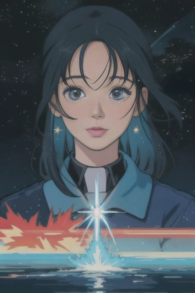 The image is a portrait of a young woman with short blue hair and blue eyes. She is wearing a blue shirt with a white collar. The background is a dark blue night sky with many stars. There is a bright light in the center of the image, and a wave below. The woman is looking at the camera with a serious expression.