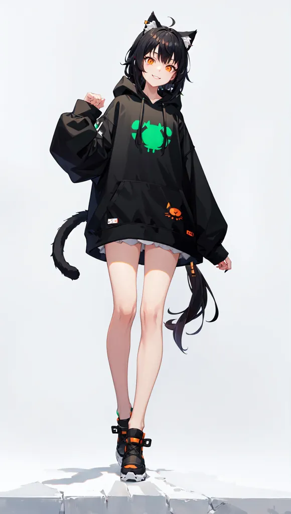 The image is a full-body drawing of a young woman with black hair and orange eyes. She is wearing a black hoodie with a green circle on the front, white shorts, and black sneakers. She also has a black cat tail and cat ears. She is standing on a white surface with a grey background.