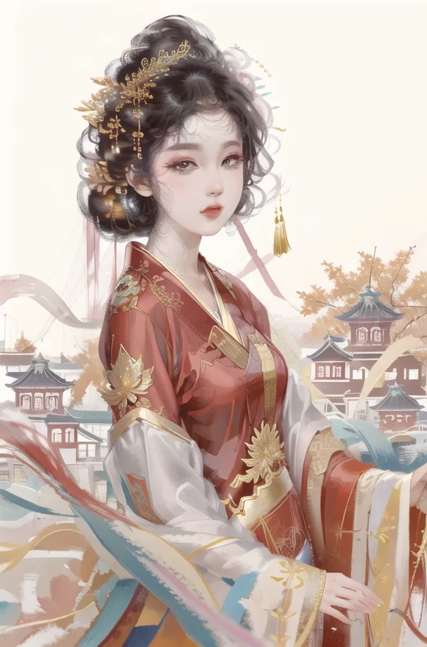 The image shows a young woman wearing a red and gold hanfu with a white undersleeve. The hanfu has a floral pattern and is trimmed with gold ribbon. The woman's hair is black and is styled in a bun with a golden hairpin. She is also wearing a necklace and earrings. The woman is standing in a courtyard with a traditional Chinese building in the background.