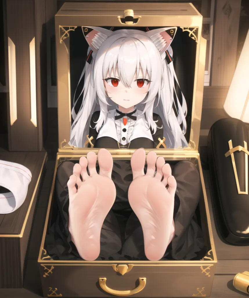 The image is a 3D render of a white-haired anime girl with red eyes and cat ears. She is wearing a black and white gothic dress and is sitting in a wooden box. The girl has her feet out of the box and is looking at the viewer with a shy expression. The background is a dark room with a wooden floor and a few boxes and other objects in the distance.