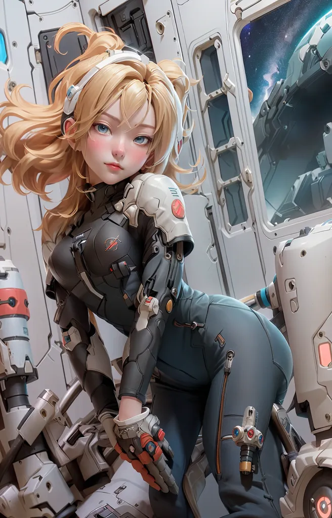 The image depicts a young woman with blonde hair and blue eyes. She is wearing a skin-tight suit with various technological gadgets and devices attached to it. She is standing in a futuristic setting, with a large spaceship or other vehicle in the background. The woman is looking at the viewer with a confident expression on her face.